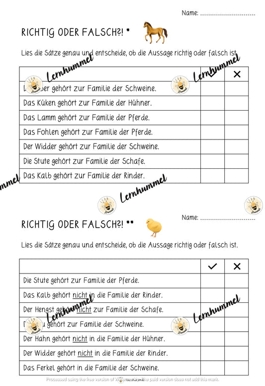 Übungsblätter 4 - Tierfamilien (Richtig oder falsch?)
