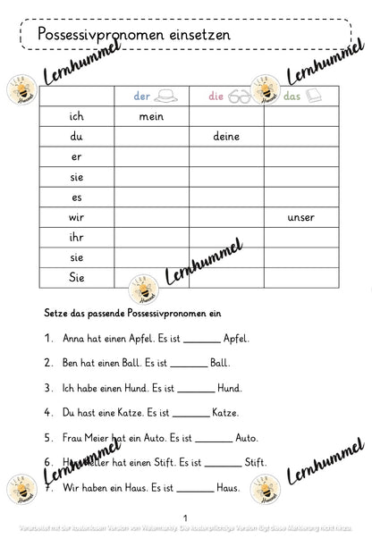 Mini-Heft Possessivpronomen