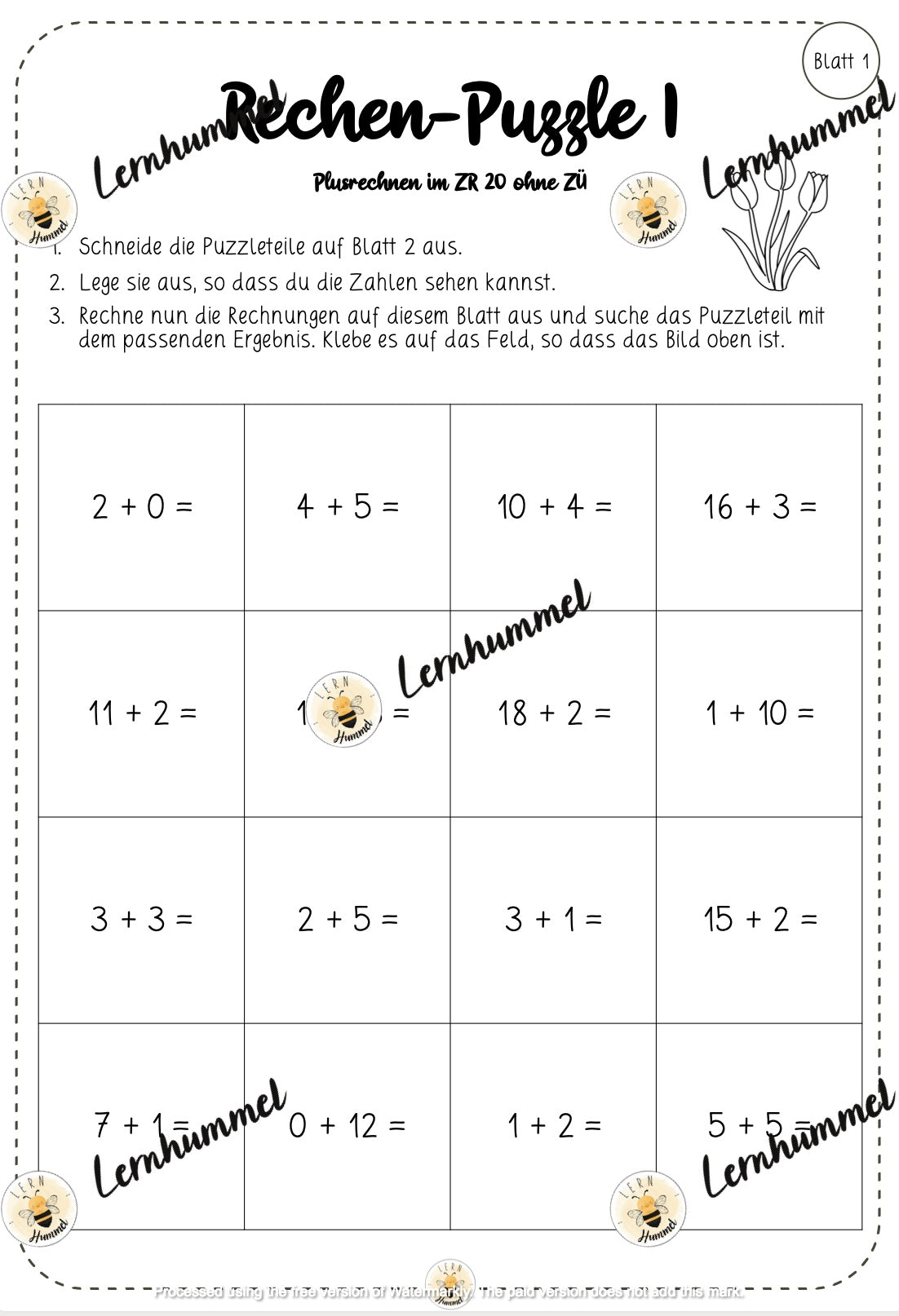 Rechenpuzzle: Plusrechnen ZR20 ohne Zehnerübergang