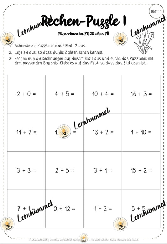 Rechenpuzzle: Plusrechnen ZR20 ohne Zehnerübergang