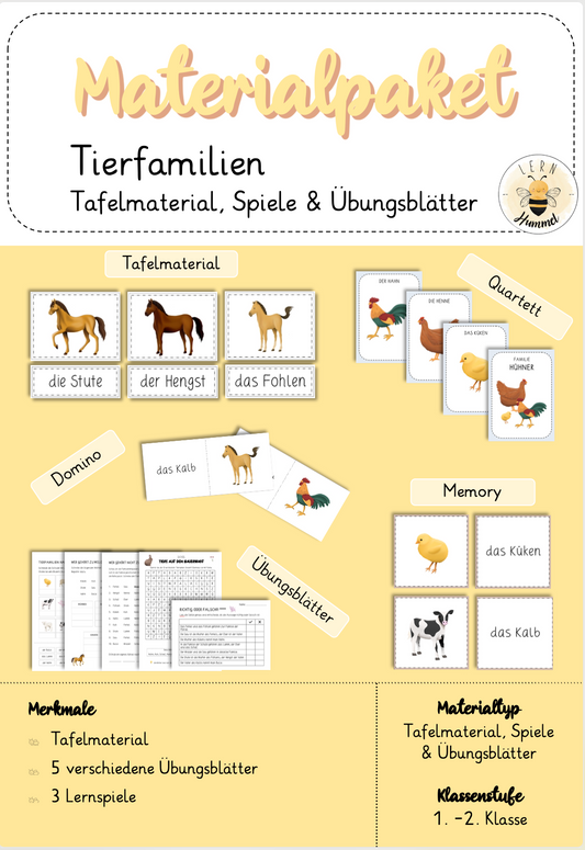 Materialpaket - Tierfamilien (Tafelmaterial, Übungsblätter & Spiele)