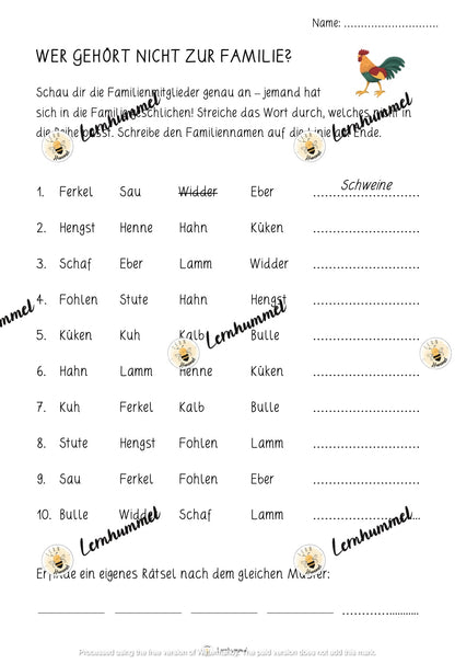 Materialpaket - Tierfamilien (Tafelmaterial, Übungsblätter & Spiele)