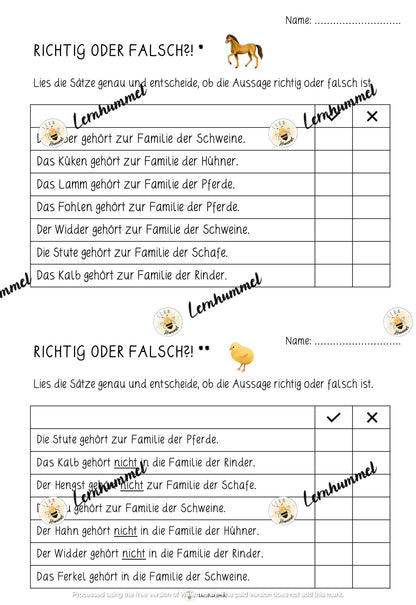 Materialpaket: Übungsblätter Tierfamilien (Bauernhof)